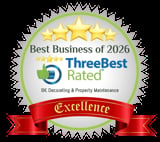 ThreeBest Rated award badge for BK Decorating & Property Maintenance, Best Business of 2026 with five gold stars
