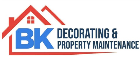 BK Decorating & Property Maintenance logo with red house outline and blue letters